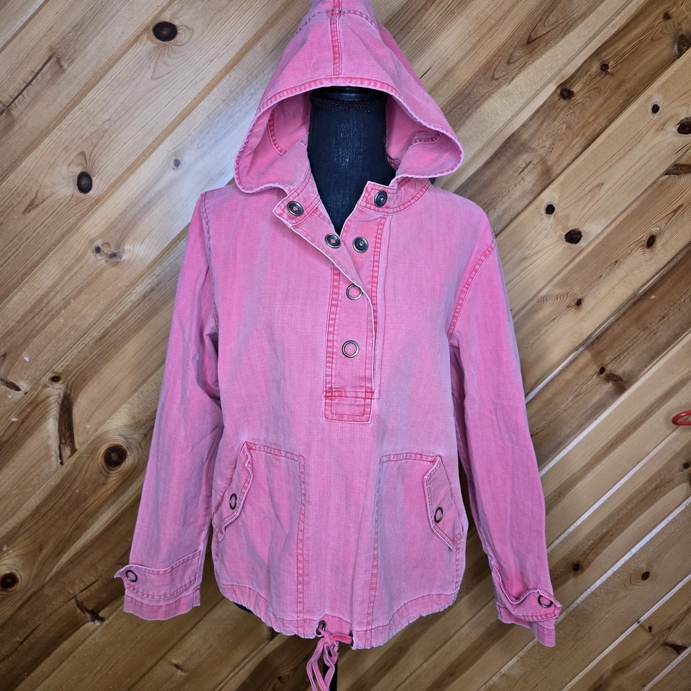 Coldwater Creek Womens Pull Over Pink Denim Jacket Snap Drawstring Medium Cotton